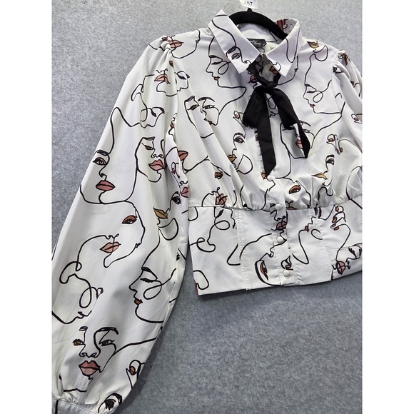 Milk & Honey Face Line Art Cropped Blouse White Black Neck Tie Puff Sleeve M - Picture 5 of 10